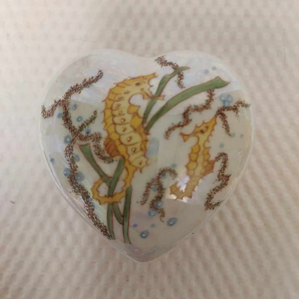 Heart shaped trinket box w sea horses Design by Dorothe Ocean life irridescent